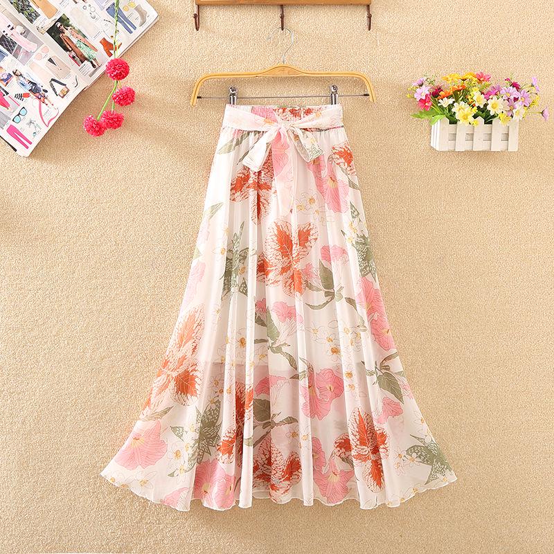 Large Swing Chiffon Floral Long Skirt Summer High Waist Loose A-line Skirt Beach Skirt