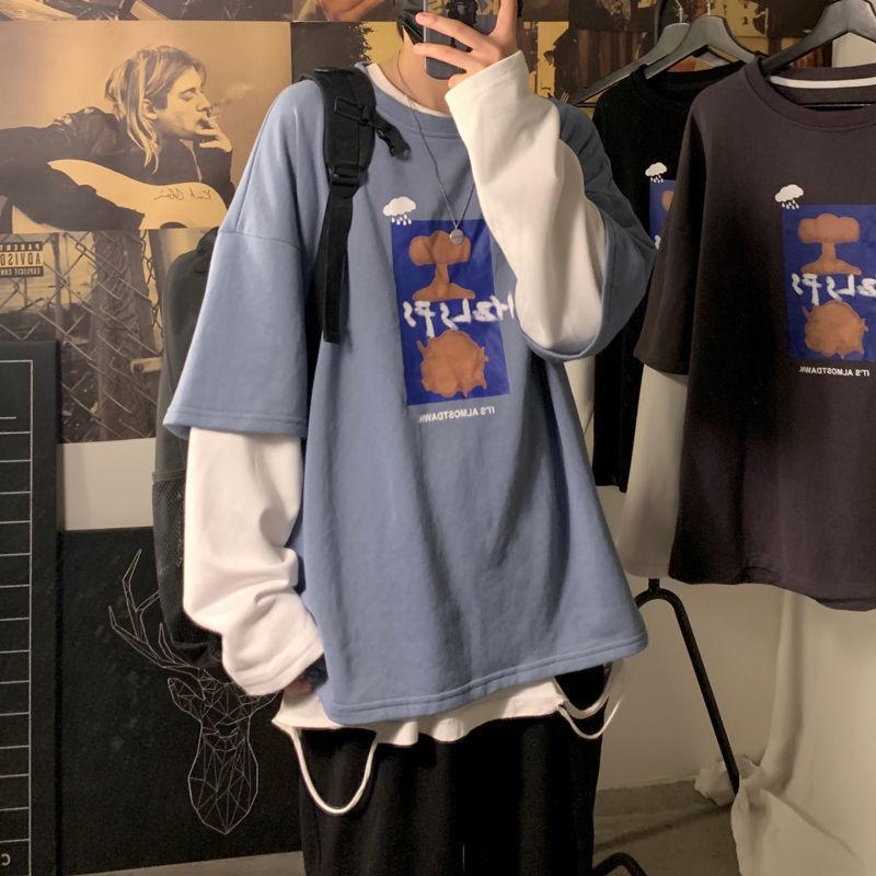 Autumn Long-sleeved T-shirt Fake Two Loose All-match Bottoming Shirt Casual Trend Pullover Suitable for Students and Couples