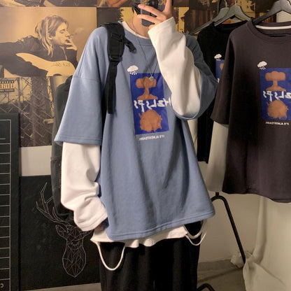 Autumn Long-sleeved T-shirt Fake Two Loose All-match Bottoming Shirt Casual Trend Pullover Suitable for Students and Couples