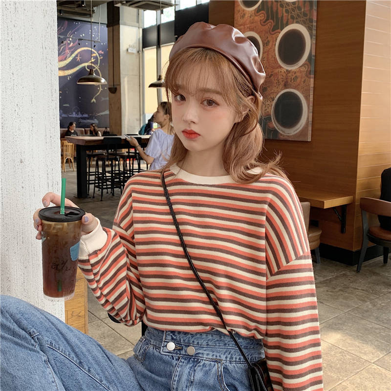 Women Stripe Print Long Sleeve Round Neck T-Shirt Top Summer Fall Lady Casual Pullovers