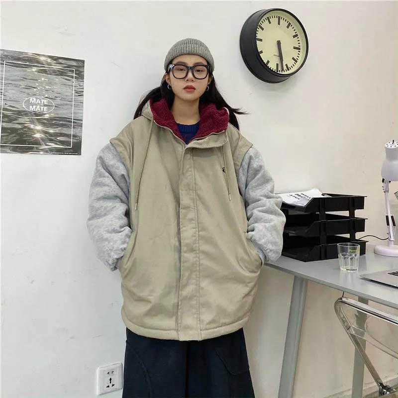 Cotton-padded Jacket Women's Winter Style Cotton-padded Jacket Loose Student Hong Kong Style Lamb Wool Plus Velvet Thick Coat