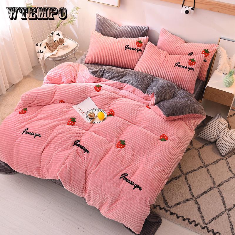 Fleece Fabric Bedding Sets Queen King Size Stripe Bed Duvet Cover Bed Sheets Linen Set Winter