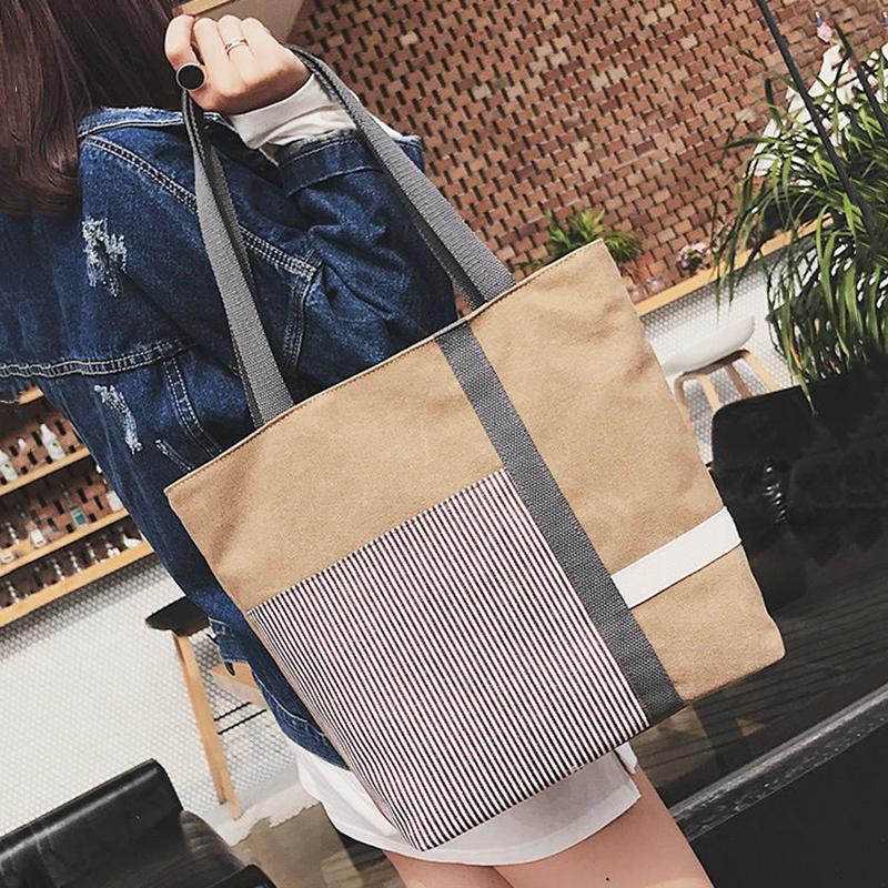 Women Large Capacity Canvas Bags Shoulder Stitched Tote Shopper Handbag Simple Hobo Bags 1Pcs Travel Casual Daily