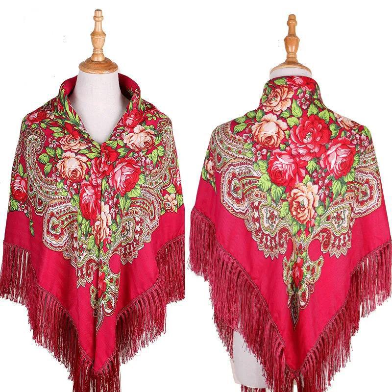 Women's Ethnic Style Square Scarf Printed Shawl Fringed Cotton Scarf Autumn Winter Warm Embroidered Shawl Multifunctional Turban Shawl Scarf 135x135cm