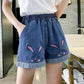Embroidered Denim Shorts Women's Loose Ripped Wide Leg Large Size 150kg High Waist A-line Pants