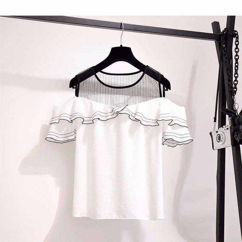 Women Skirt Set Off-shoulder Blouse Denim Stitched Mesh Skirt Two-piece Set for Party