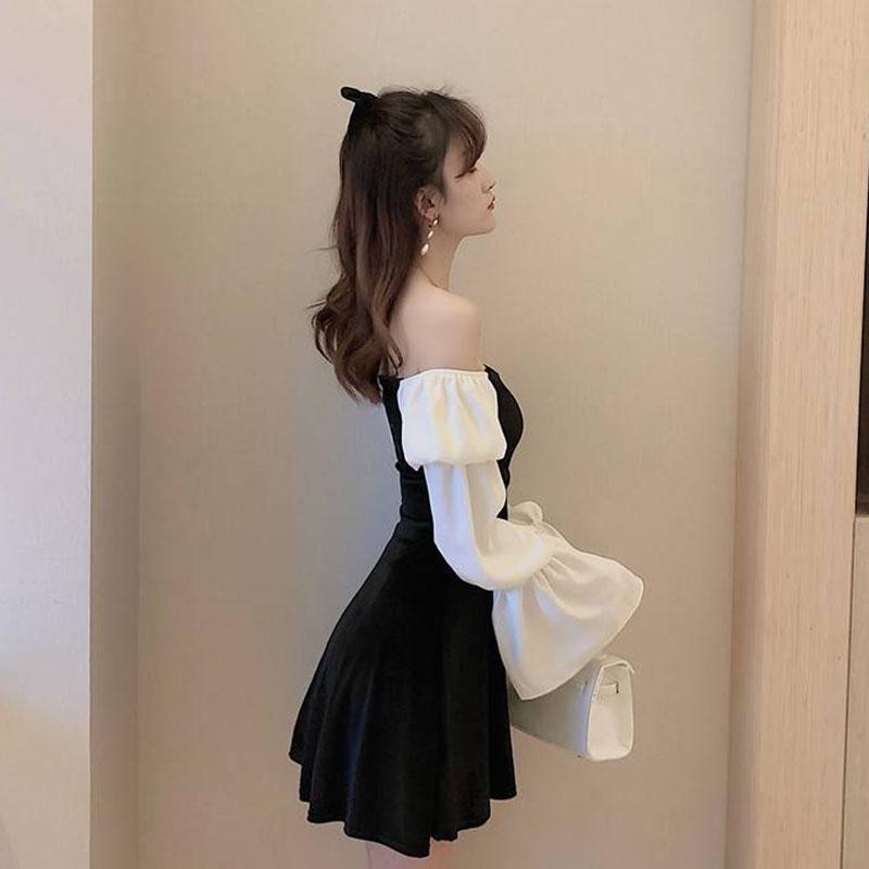 Fashion Spring Stitching Bubble Sleeve Dress Sexy Slash Neck Off Shoulder Dress A-line Dress