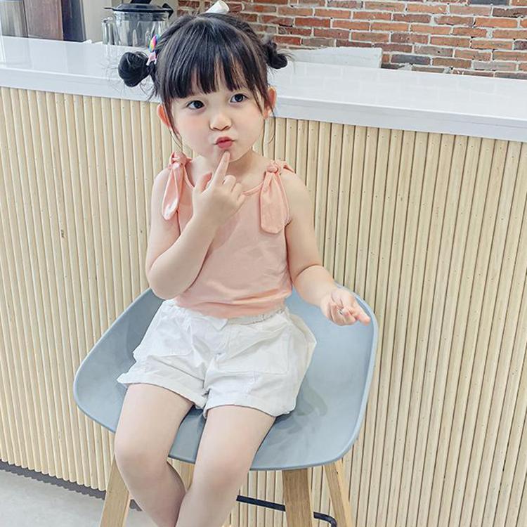 Summer Kids Cute Solid Vest Sleeveless Bow Tops Korean Style Slash Neck Loose Camisole Inside Out for Children Girls
