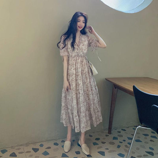 Female Plus Size Summer Elegant Gentle Floral Print Dress Super Fairy Slim Vintage Holiday Dress