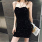 Female Spring and Summer Glittering Club Dress Light Transmission Party Black Sequin Suspender Dress