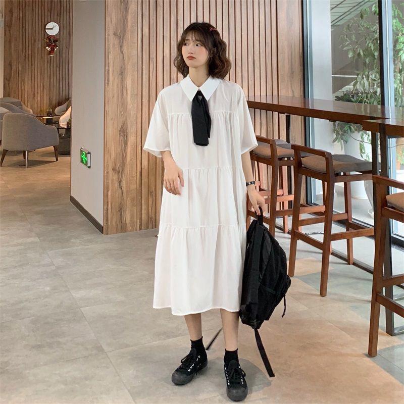 Cute Sweet Girl Bow Ruffle College Style Mid-length A-shaped Skirt Age Reduction Looser  Short Sleeve Dress