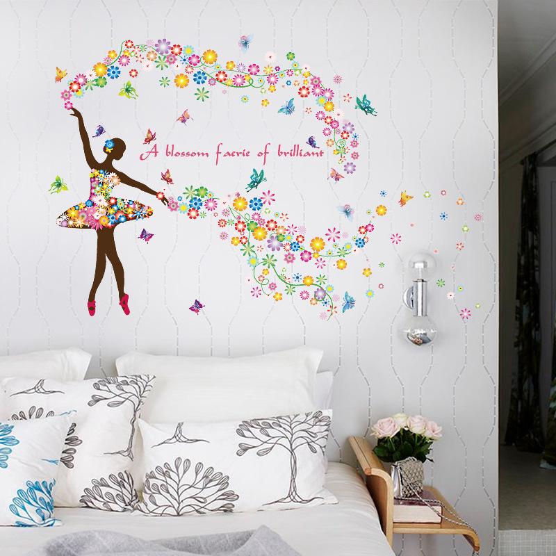 Romantic flower fairy living room sofa TV background wall romantic decorative wall sticker