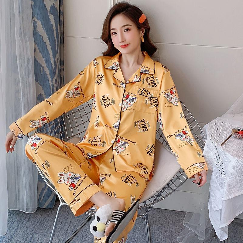 Ice Silk Long-sleeved Pajamas Feminine Feel Ladies Thin Artificial Silk Pajamas Home Service Shirt Casual Suit Style Cute and Easy To Wash