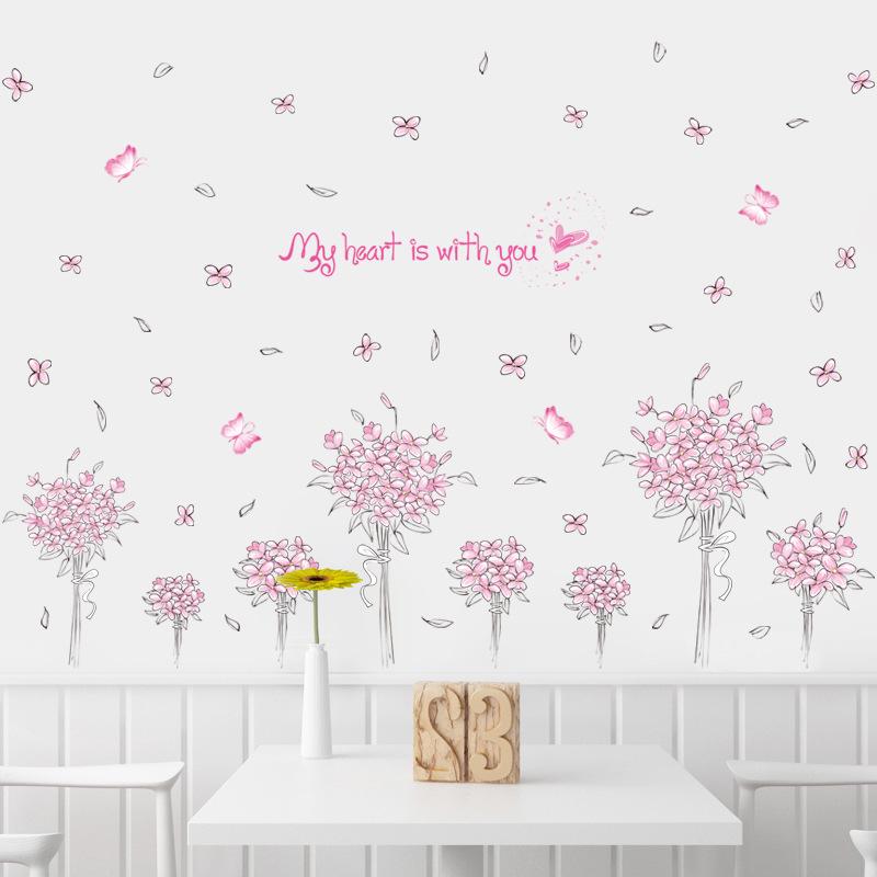Pink flower group bedroom living room TV sofa wall stickers green stickers romantic love wallpaper