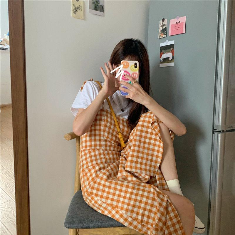 Summer First Love Sling Dress Female Plaid Slit Waist Is Thin and Gentle Style Long Dress