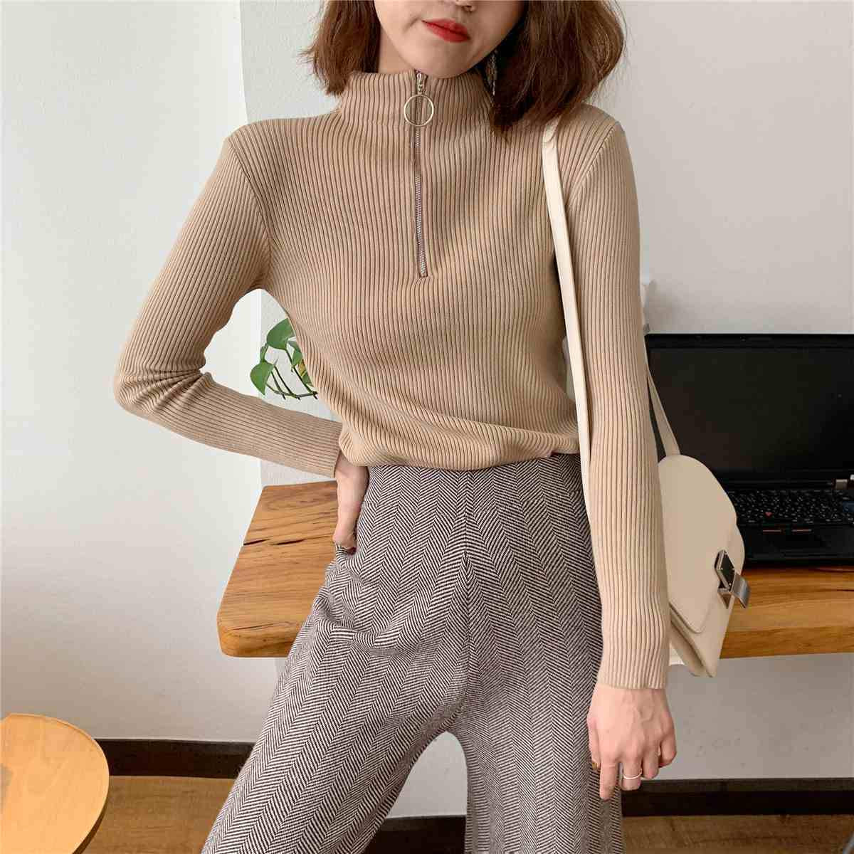 Pofulove Half-neck Collar Sweater Autumn  Winter Inside Thick Slim Outer Wear Knitted Bottom Shirt