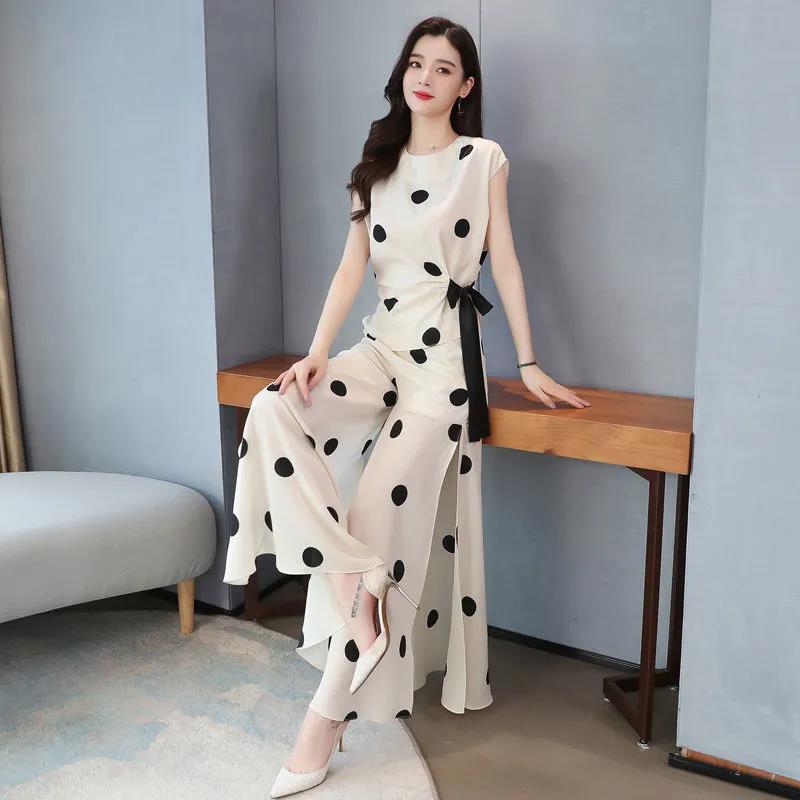 Polka Dot Chiffon Women's Two-piece Loose Wide-leg Pants Round Neck Sleeveless Bow-knot Shirt Chiffon Fabric Light and Breathable