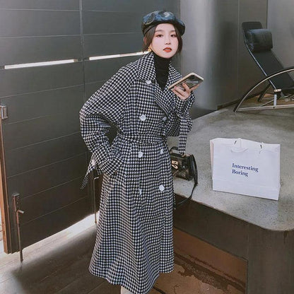 Autumn and Winter Woolen Coat Black and White Houndstooth Long Woolen Coat Over The Knee and Waist Plus Size Women's Woolen Coat