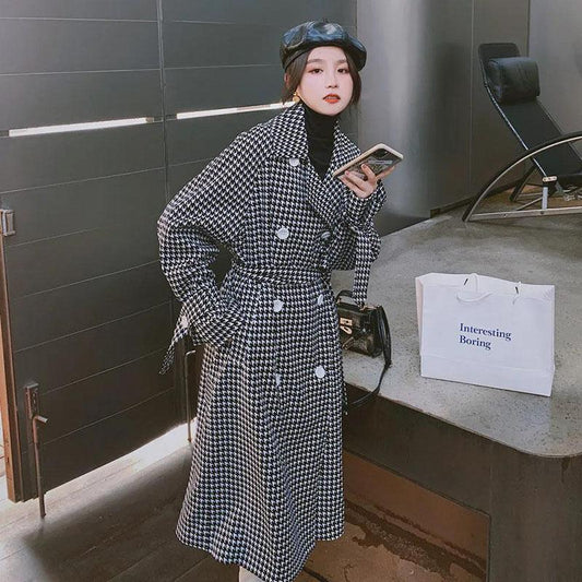 Autumn and Winter Woolen Coat Black and White Houndstooth Long Woolen Coat Over The Knee and Waist Plus Size Women's Woolen Coat