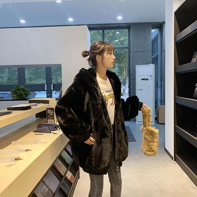 Fur Coat Winter Ladies Loose Casual Hooded Thickened Warm Mid-length Fur All-in-one Plush Jacket