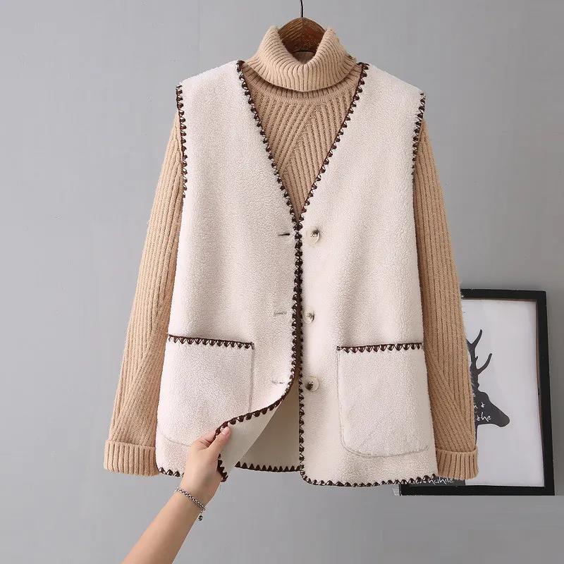 Lamb Plush Vest Female Autumn and Winter Temperament Outer Wear Fur Waistcoat Vest Vest V-neck Sleeveless Button Jacket