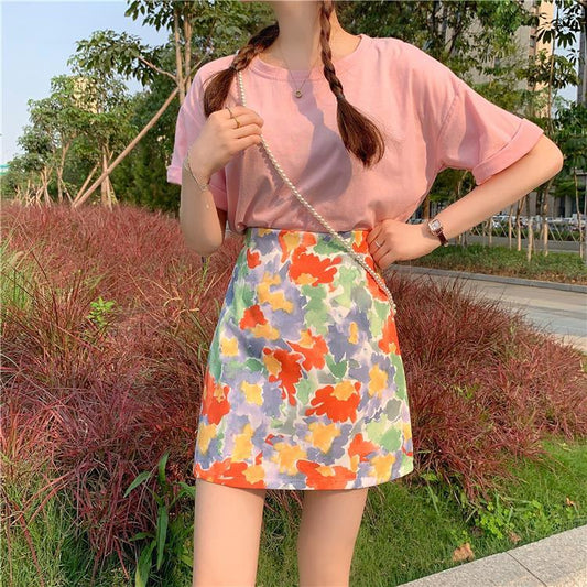 Female Simple High Waist Short Flower Print Holiday Skirt Slim Elegant Vacation A-line Streetwear Skirt