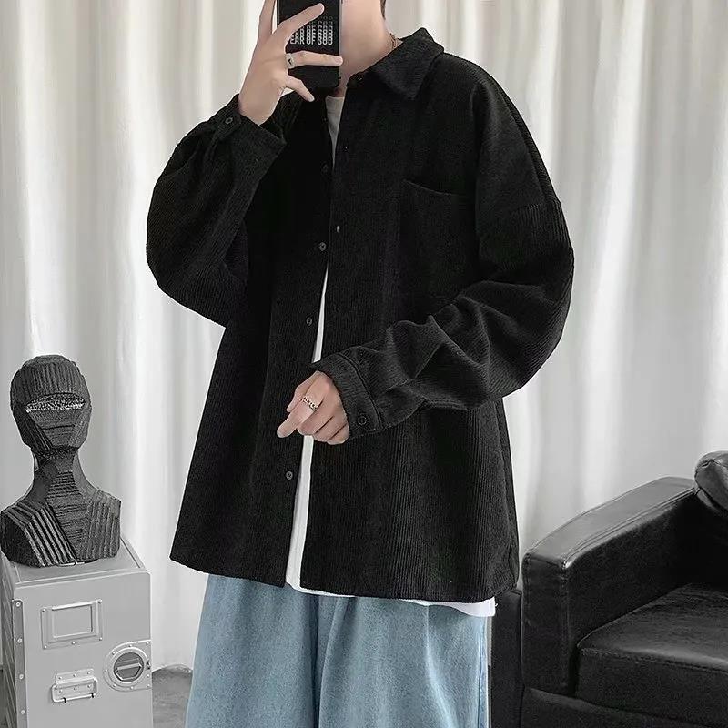 Men's Warm Corduroy Long Sleeve Shirt Men's Loose Retro Casual Shirt Tide Brand Loose Undershirt Black Jacket