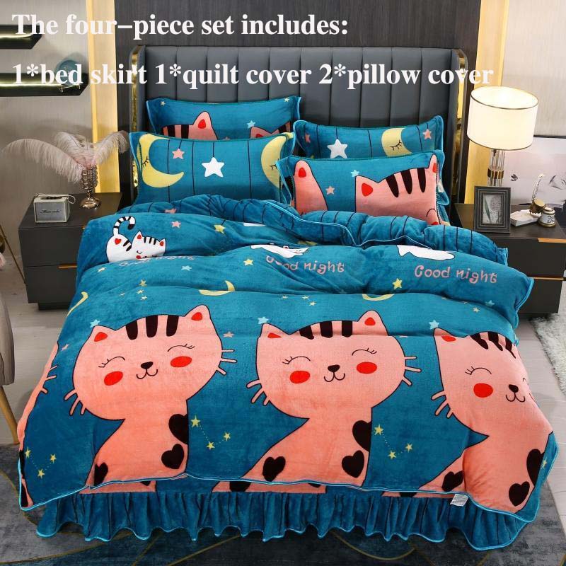 Warm Printing Four-piece Double-sided Fleece Bed Skirt Quilt Cover Pillowcase Set Bedding