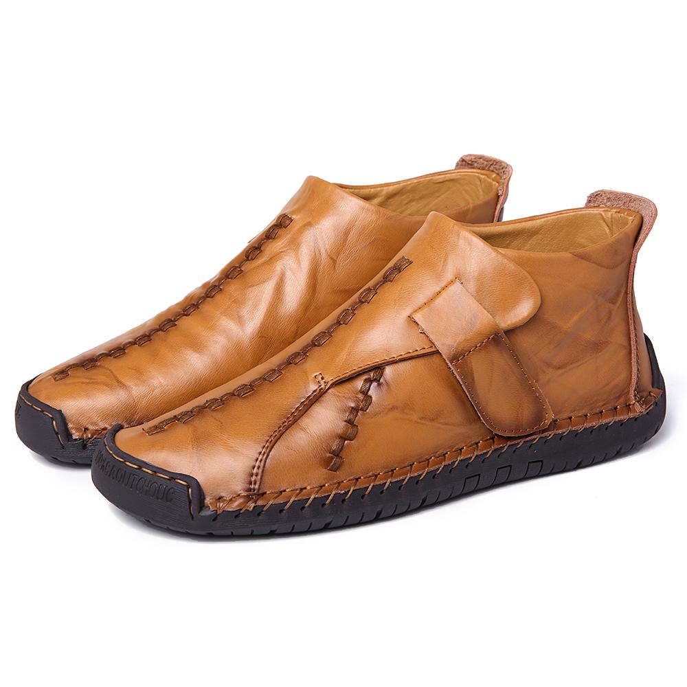 Menico Boots Men Hand Stitching Hook Loop Ankle Boots Leather Casual Shoes Flat Low Heel Large Size