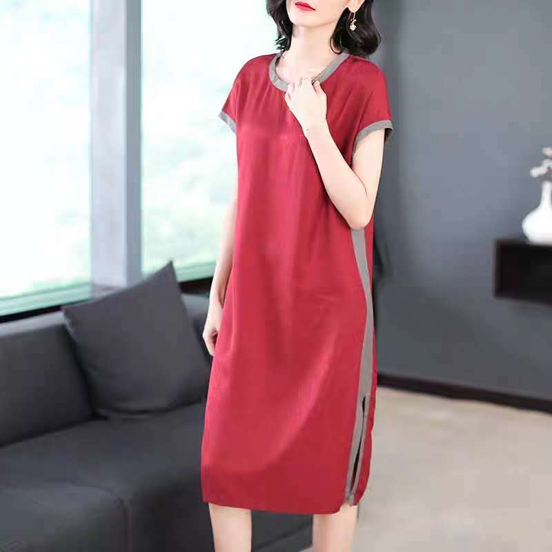 Split Design L-XXXXXL Summer Chiffon Plus Size Dress Summer Short Sleeve Round Neck Over The Knee Solid Color Dress