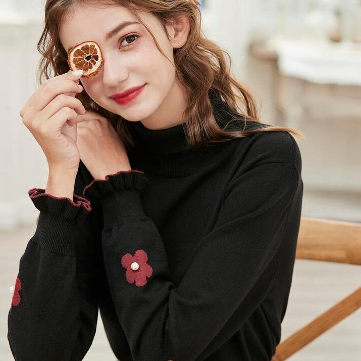 PofuLove Autumn and Winter Tops Pullover Turtleneck Sweater Outerwear Flower Embroidered Sweater