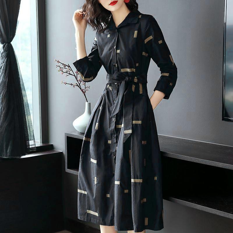 Spring Summer Women's Solid Color Dress Single-breasted Printed Large Swing Skirt Retro Temperament Shirt Mid-length Dress