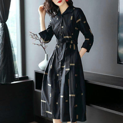 Spring Summer Women's Solid Color Dress Single-breasted Printed Large Swing Skirt Retro Temperament Shirt Mid-length Dress
