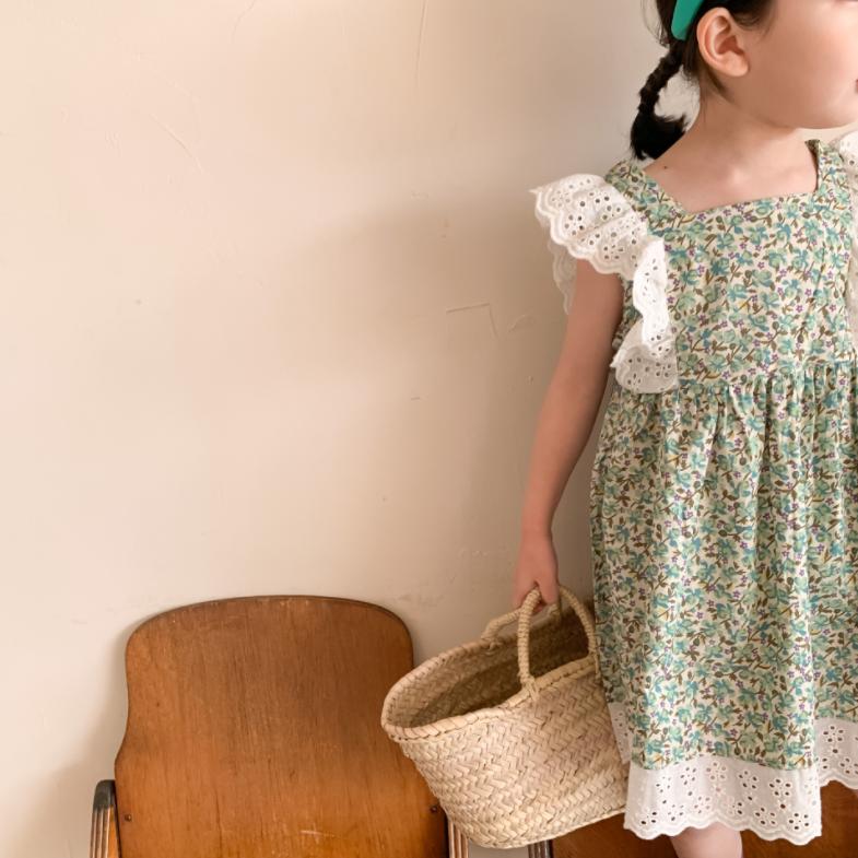 Spring and Summer Girl's Printing Lovely Skirt Baby Lace Shoulder Skirt Children's Dress Idyllic Style