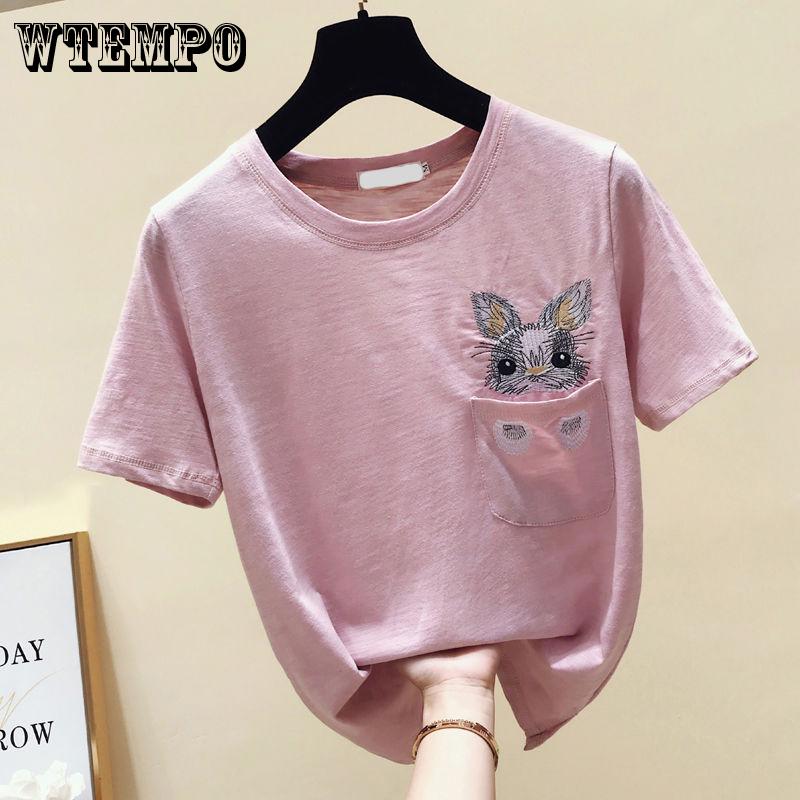 Summer Animals and Flowers Embroidered College  Loose  Short Sleeve Female T-shirts