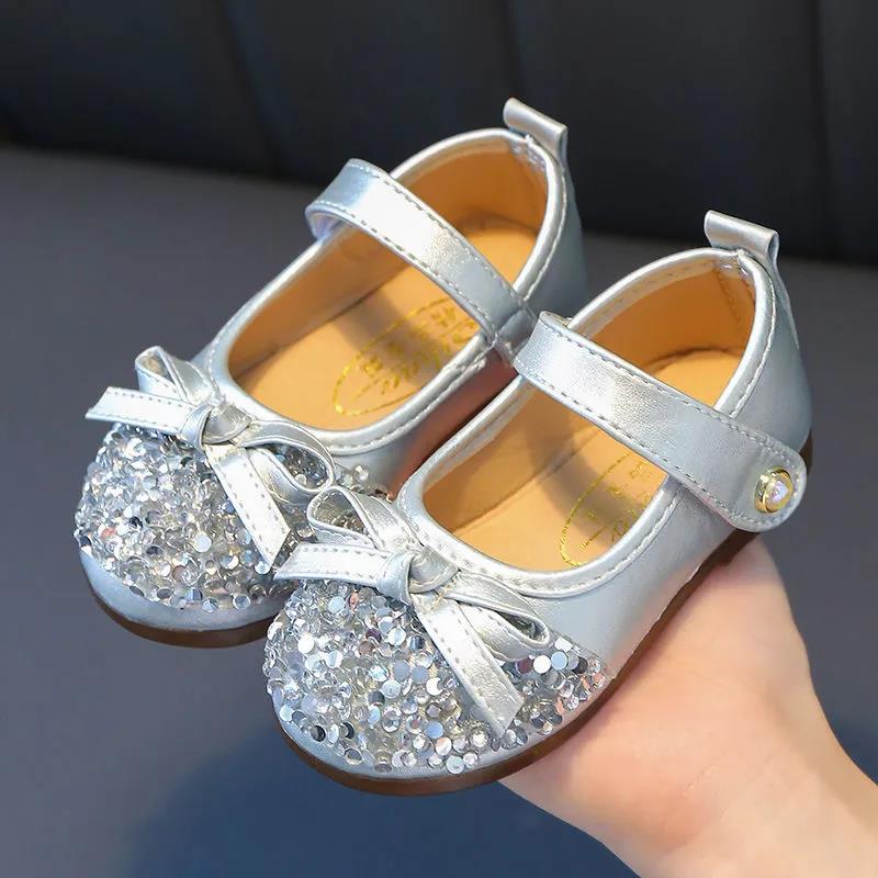 Girls' Leather Shoes Spring and Autumn Non-slip Soft Sole Children's Single Shoes Baby Peas Shoes Crystal Girl Princess Shoes