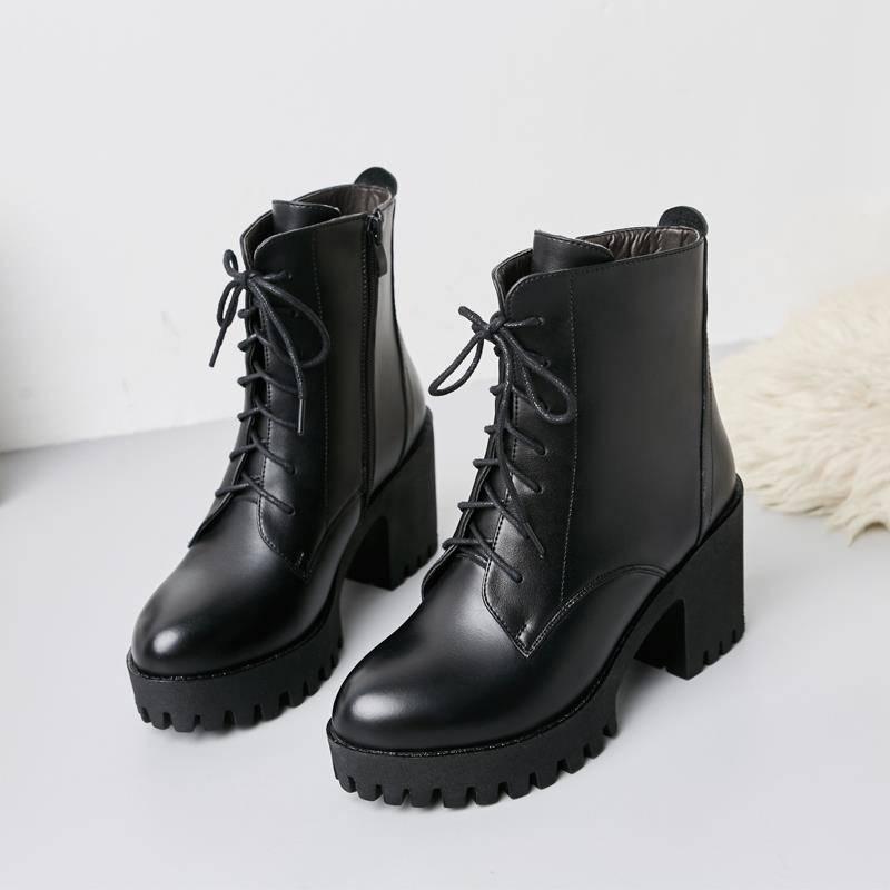 Autumn Winter Short Women Single Side Zipper High Heel Martin  Thick Heel Boots