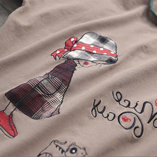 Pure Cotton Summer Printing Literary Short-sleeved T-shirt Ladies Loose Casual Comfortable Top Breathable