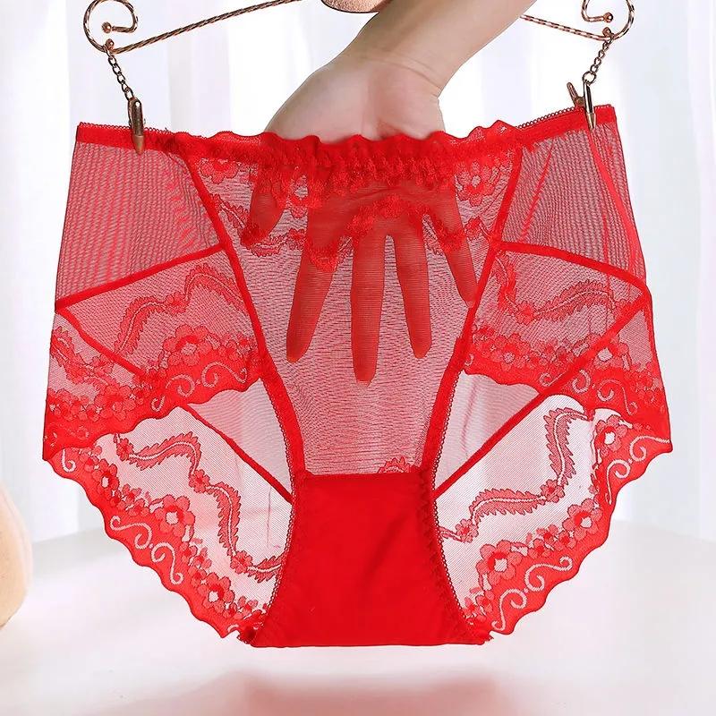 Black Plus Size Mid High Waist Panties Ladies Sexy Lace Mesh Seamless Transparent Ladies Briefs Transparent Hollow Out Panties