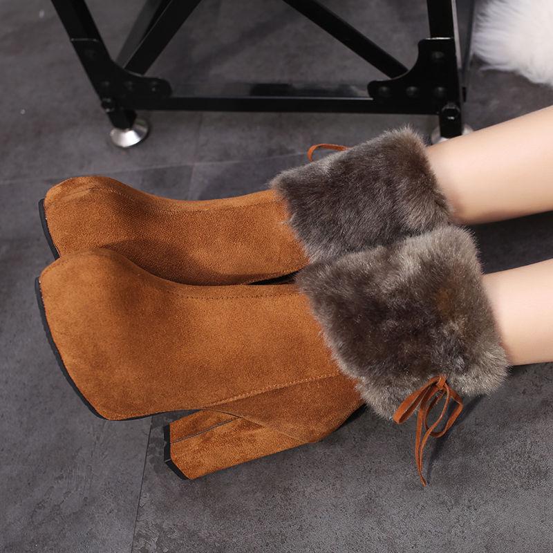 Winter Snow Boots High Heels Thick Bottom Middle Boots Cotton Shoes Black Plush Ladies Boots Women