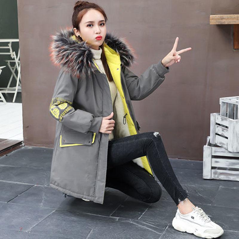 Winter Mid-length Loose Cotton Jacket Korean Version Plus Velvet Thick Coat Embroidery Hit Color Ladies Parkas