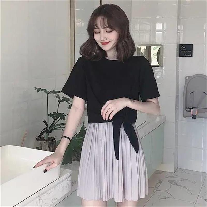 Women Summer O-neck Top Irregular Bandage T-shirt Solid Color Short-sleeved Loose Casual Tee