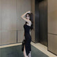 Spring Summer Sling Dress Female High Split Black Strapless Slim Slimming Sling Dress Sexy Party Dress