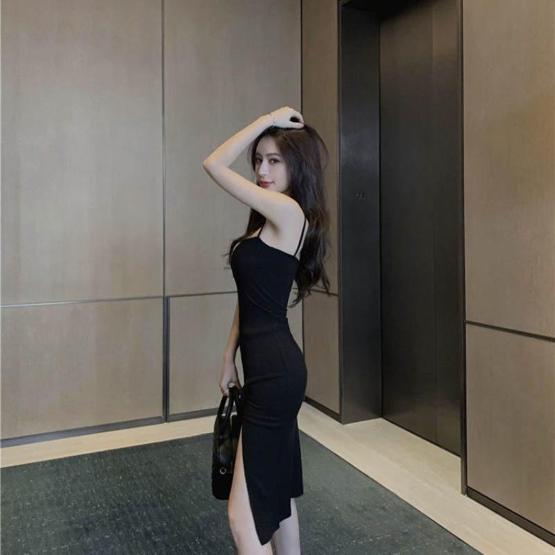 Spring Summer Sling Dress Female High Split Black Strapless Slim Slimming Sling Dress Sexy Party Dress