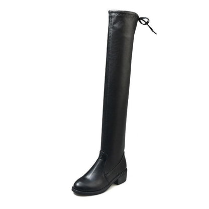 35-42 Size Women Thigh High Flat Boots Black Leather Boots Winter Fall Shoes Velvet Warm Over The Knee Fur Boots