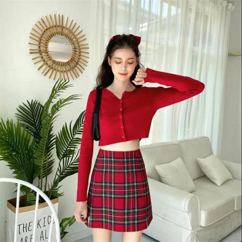A-line Plaid Skirt Sweet Girl Student Mini Women High Waist Grid Split Short Skirts