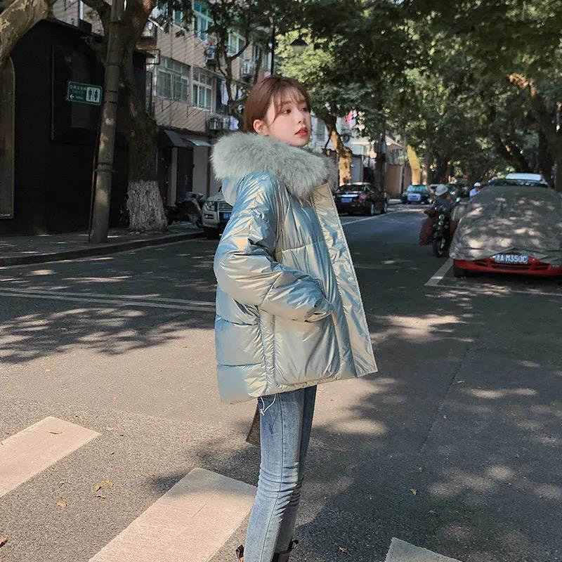 Winter Women's Cotton-padded Jacket Short Section Thickened Big Fur Collar for Girls Shiny Cotton-padded Jacket Warm Jacket