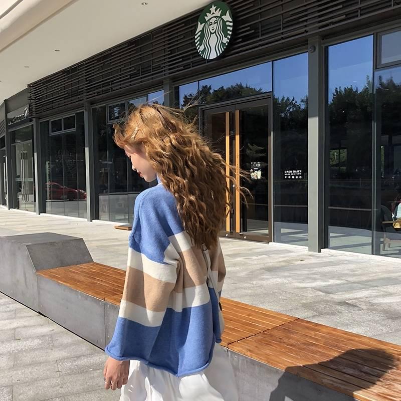 Thick Color-matching Turtleneck Female Autumn Winter Striped Bottoming Sweater Loose Top