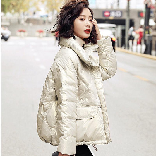 Bright Face Stand-up Collar Capless Down Jacket Loose Bread Jacket Women's Wild Short Winter Loose Warmth Thick Cotton Jacket