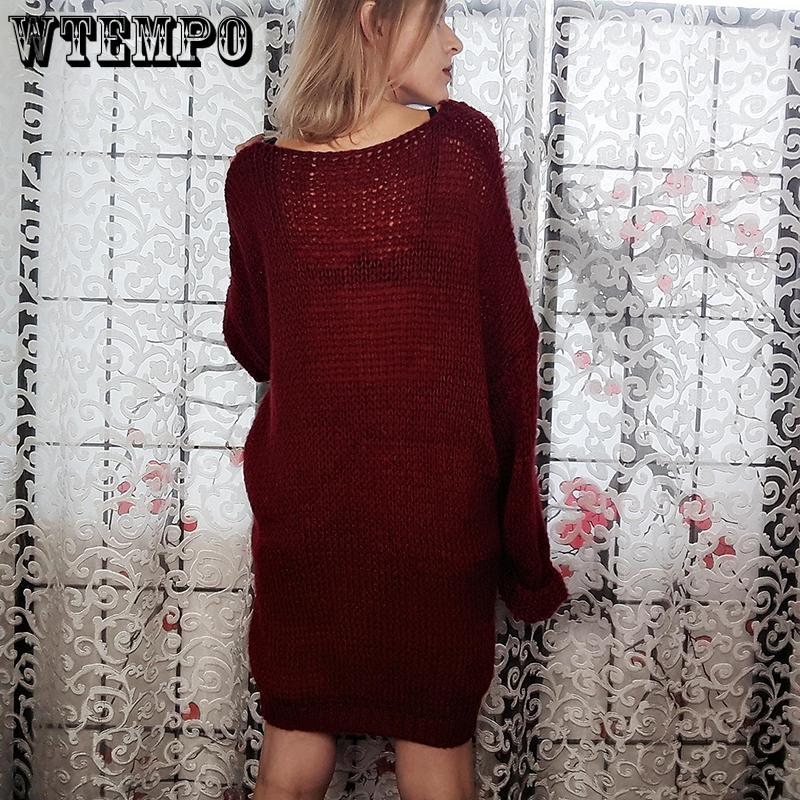 Women Loose Round Neck Sweater Woolen Dress Autumn Winter  Solid Color Knitted Sweater